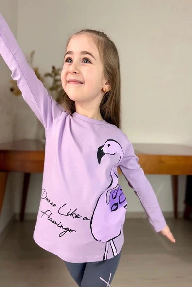 Flamingo Desenli Lila Renk Kız Çocuk Mevsimlik Taytlı Takım ürün görseli 1