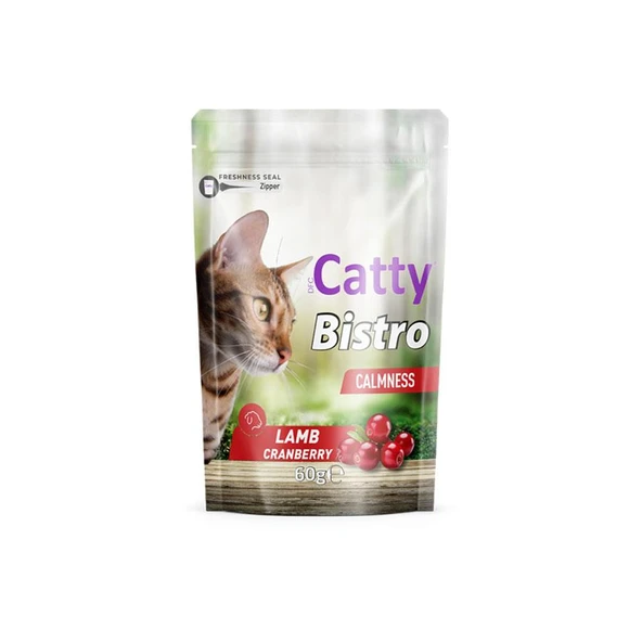 Catty Bistro Sakinleşme Etkili Kuzulu ve Kızılcıklı Kedi Ödül Maması 60 Gr ürün görseli 1
