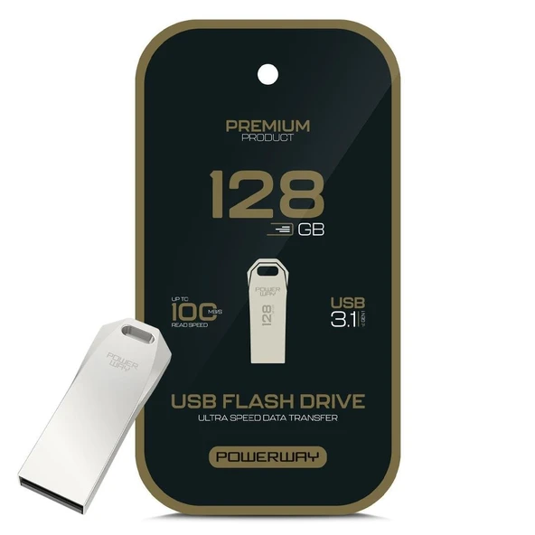Powerway Premium 128 GB 100MB/S Ultra Hızlı USB 3.1 Metal Silver Flash Bellek ürün görseli 1