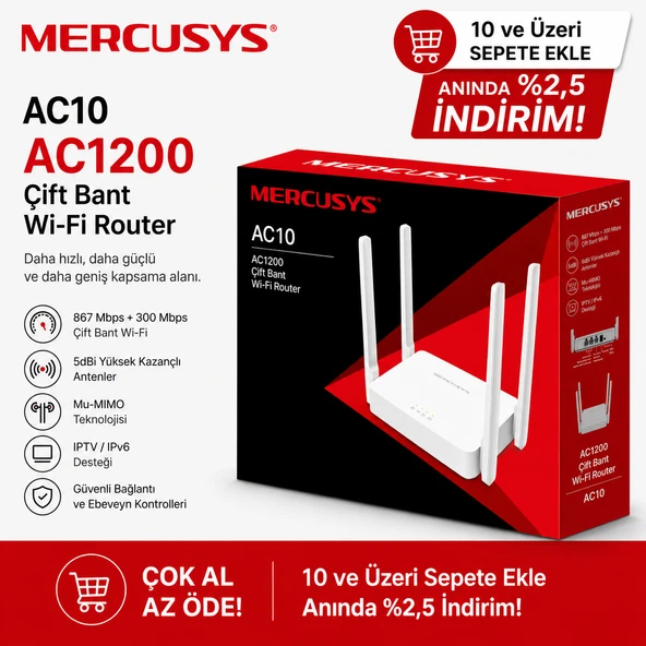 Mercusys AC10 1167 Mbps AC1200 Kablosuz Çift Bant Router ürün görseli 1