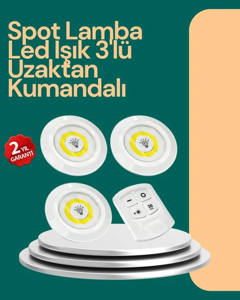 Uzaktan Kumanda İle Kontrol Edilebilen Yapışkanlı 3 Lü Kablosuz Led Spot Lamba ürün görseli 1