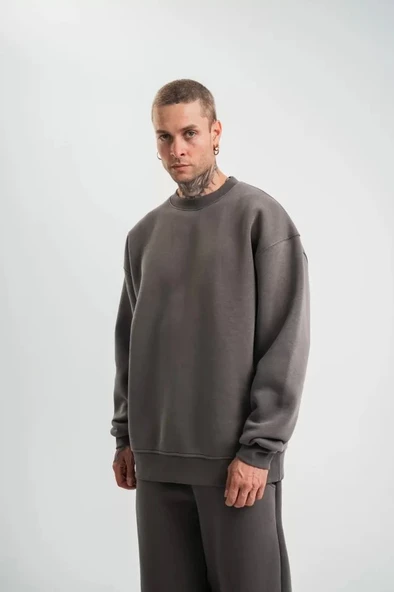 Uzun Kol Bisiklet Yaka Basic SweatShirt - Füme ürün görseli 1