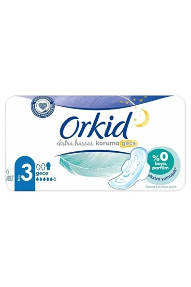 Orkid Extra Hassas Koruma Gece Hijyenik Ped 6'li x 3 adet ürün görseli 1