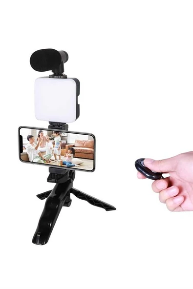Telefon Tutucu Led Işıklı Kumandalı Mikrofon Telefon Vlog Video Kayıt ürün görseli 1