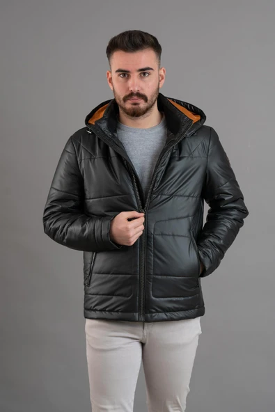 KAPŞONLU REGULAR FİT ERKEK ŞİŞME MONT - Resim 4