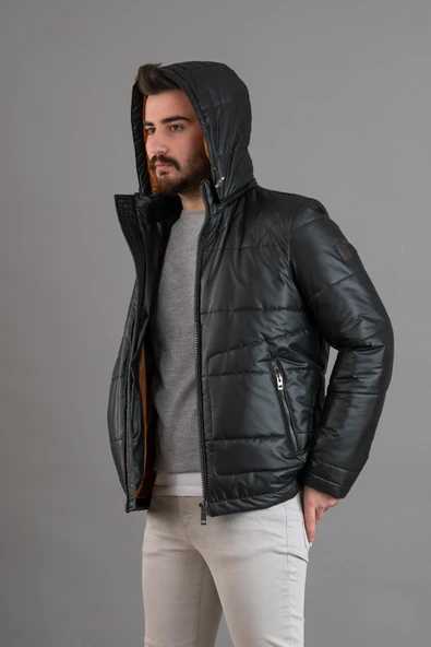 KAPŞONLU REGULAR FİT ERKEK ŞİŞME MONT - Resim 5