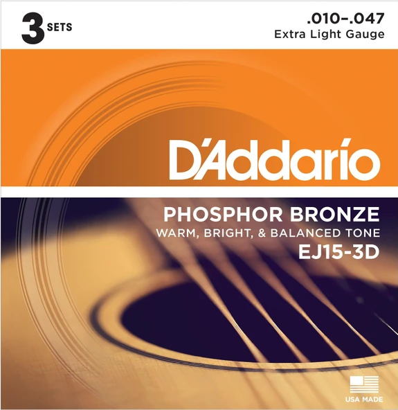 DADDARIO EJ15-3D DADDARIO EJ15-3D AKUSTİK GİTAR TEL SETİ, 3'LÜ PAKET, 10-47, PHOSPHOR BRONZE, EXTRA LIGHT ürün görseli 1
