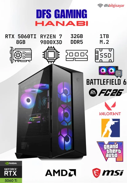 DFS GAMING HANABI RYZEN 7 9800X3D-B650M-RTX 5060 TI 8GB-32GB DDR5 RAM-1TB M.2 SSD-OYUNCU BİLGİSAYARI ürün görseli 1