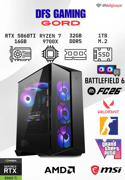 DFS GAMING GORD RYZEN 7 9700X-B650M-RTX 5060 TI 16GB-32GB DDR5 RAM-1TB M.2 SSD-OYUNCU BİLGİSAYARI ürün görseli 1