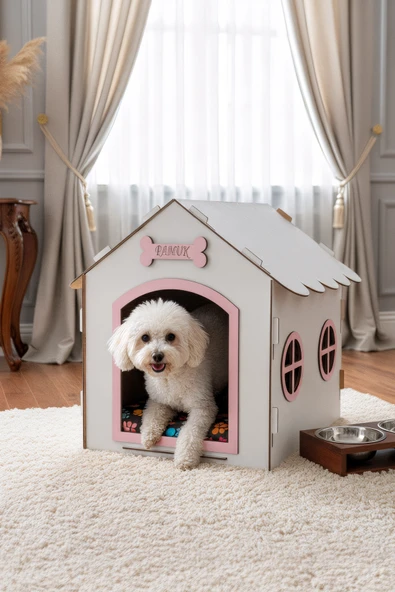 Ahşap Dekoratif Köpek Evi-Kulübesi, Küçük Irk Köpekler İçin Kulübe, Köpek Kulübesi Beyaz-Pembe ürün görseli 1