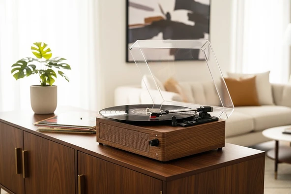 Fomix FM-108 açık kahverengi  Hoparlörlü Bluetoothlu Pikap Plak Çalar ürün görseli 1