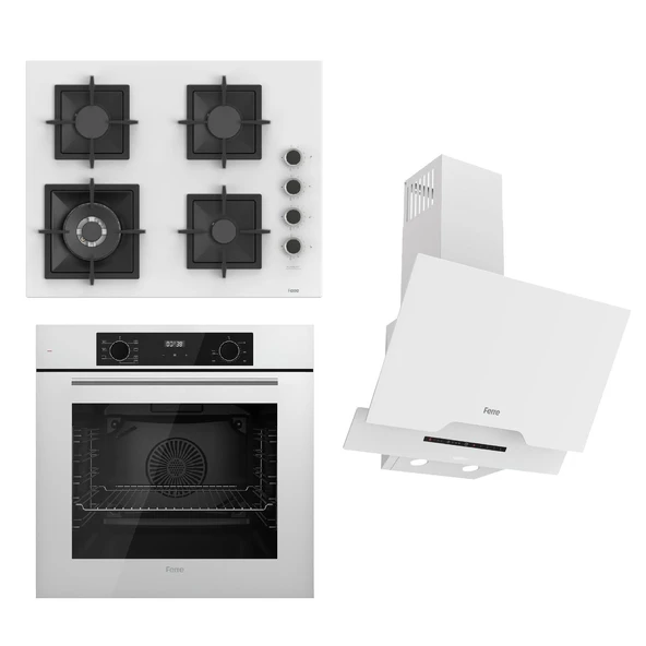 Ferre FLOWART-SILENTART Serisi Beyaz Set (SC406-WFA + QBL63CB +D064-SA ) - Döküm Izgara / 65 cm Ocak ürün görseli 1
