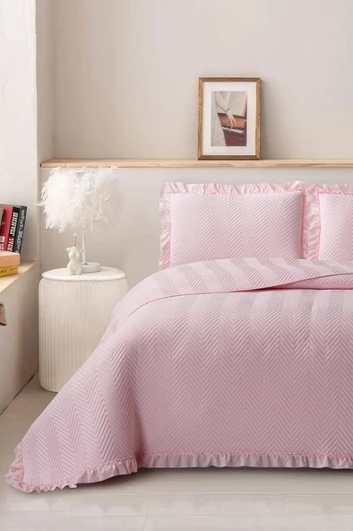 Dubai Elyaf Dolgulu Çift Kişilik 240x260 Cm Yatak Örtüsü Pudra ürün görseli 1
