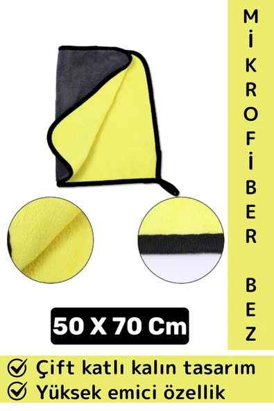 Araç İç Dış Temizleme Yüksek Emici Çift Katlı Kalın Yünlü Mikrofiber Araba Temizlik Bezi 50x70 Cm ürün görseli 1