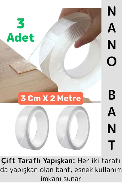 Ultra Güçlü Esnek Kesilebilir Kolay Kullanım Estetik Çift Taraflı Nano Şeffaf Bant 3 CmX2 Metre 3 Ad ürün görseli 1