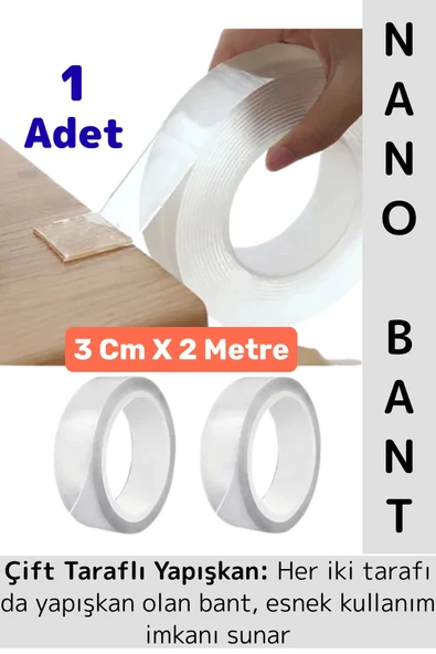 Ultra Güçlü Esnek Kesilebilir Kolay Kullanım Estetik Çift Taraflı Nano Şeffaf Bant 3 Cm X 2 Metre ürün görseli 1