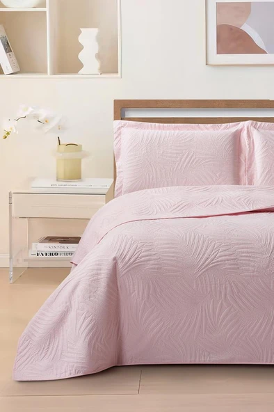 Prag Elyaf Dolgulu Çift Kişilik 240x260 Cm Yatak Örtüsü Pudra ürün görseli 1