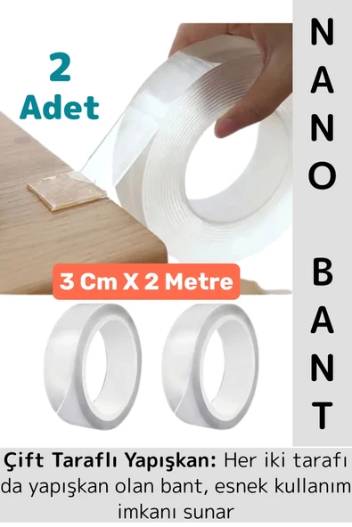 Ultra Güçlü Esnek Kesilebilir Kolay Kullanım Estetik Çift Taraflı Nano Şeffaf Bant 3 CmX2 Metre 2 Ad ürün görseli 1