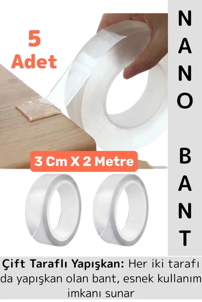 Ultra Güçlü Esnek Kesilebilir Kolay Kullanım Estetik Çift Taraflı Nano Şeffaf Bant 3 CmX2 Metre 5 Ad ürün görseli 1