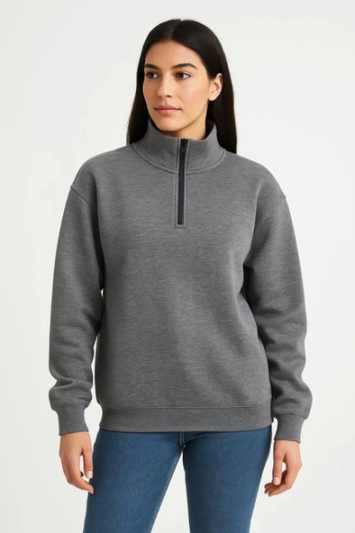 Üç İplik Dık Yaka Yarım Fermuarlı SweatShirt - Antrasit ürün görseli 1