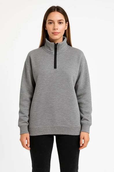 Üç İplik Dık Yaka Yarım Fermuarlı SweatShirt - Gri ürün görseli 1