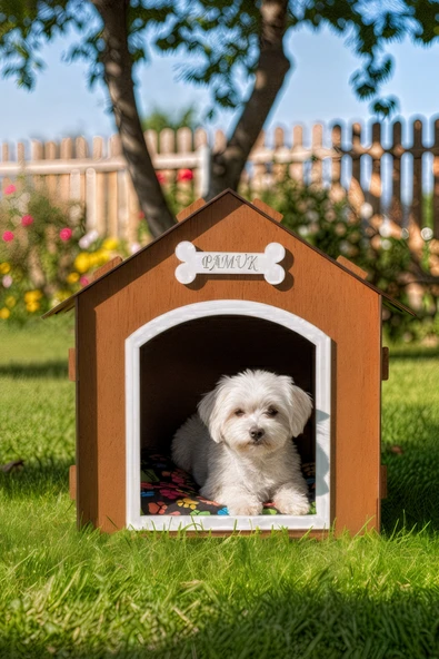 Ahşap Özel İsim Baskılı Dekoratif Köpek Evi-Kulübesi, Küçük Irk Köpekler İçin Kulübe, Köpek Kulübesi Kahverengi ürün görseli 1