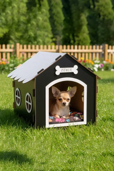 Ahşap Özel İsim Baskılı Dekoratif Köpek Evi-Kulübesi, Küçük Irk Köpekler İçin Kulübe, Köpek Kulübesi Siyah ürün görseli 1