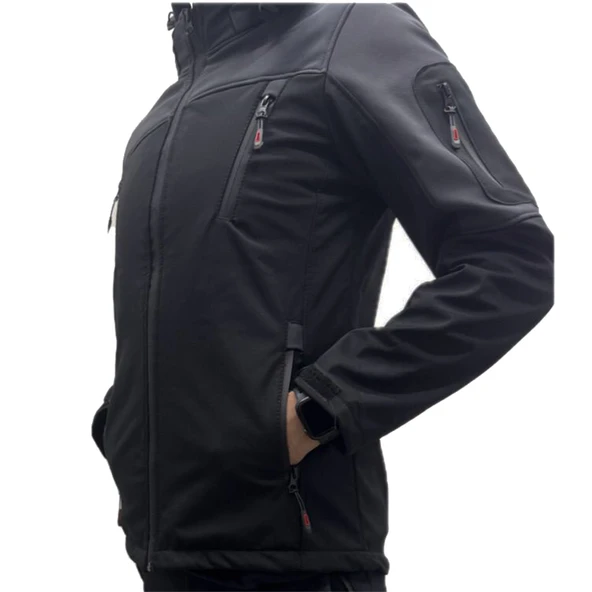 Kışlık Softshell Su geçirmez Siyah-Gri Polarlı Mont ürün görseli 1
