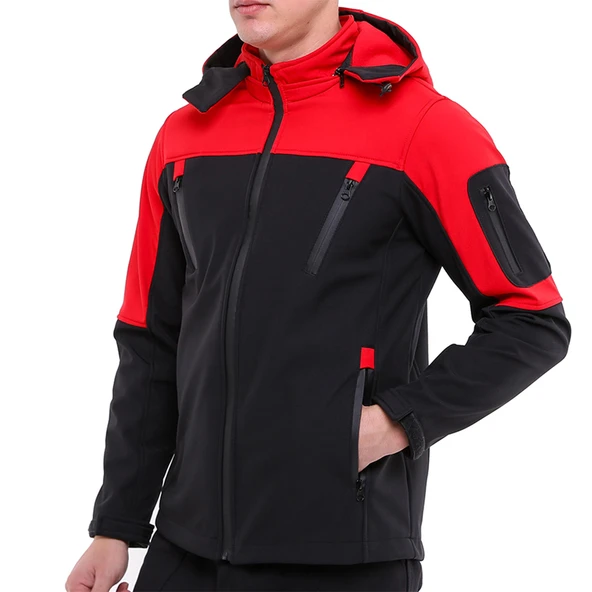 Kışlık Softshell Su Geçirmez Siyah-Kırmızı Polarlı Mont ürün görseli 1