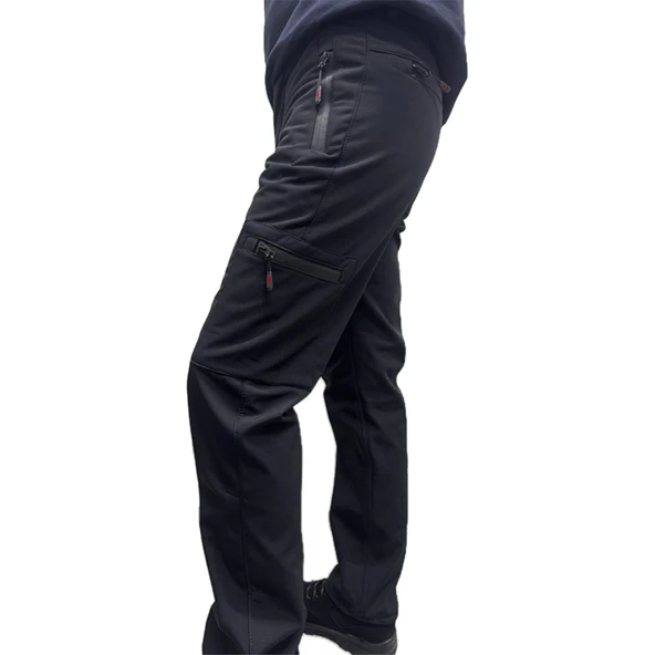 Kışlık Polarlı Softshell Su Geçirmez Cepli Siyah Pantolon ürün görseli 1