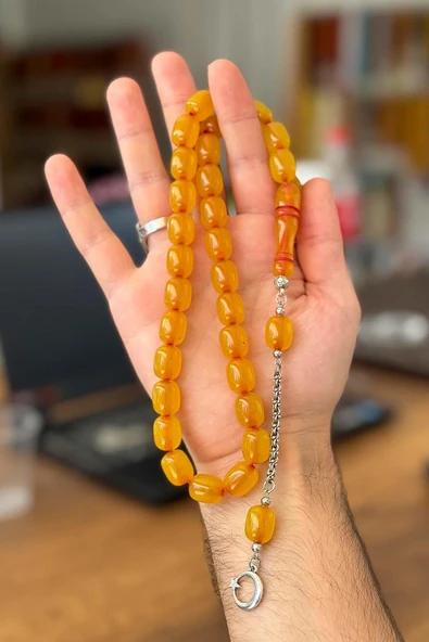 İri Boy Buğulu Hardal Sarısı Uçak Camı Tesbih ürün görseli 1