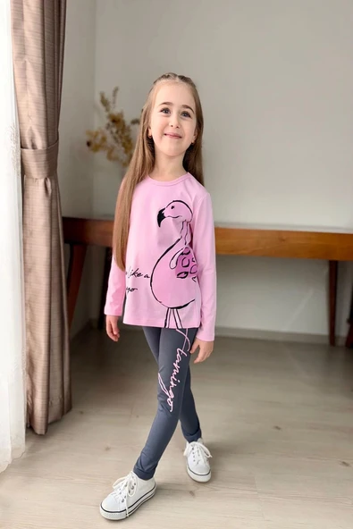 Flamingo Desenli Pembe Renk Kız Çocuk Mevsimlik Taytlı Takım ürün görseli 1
