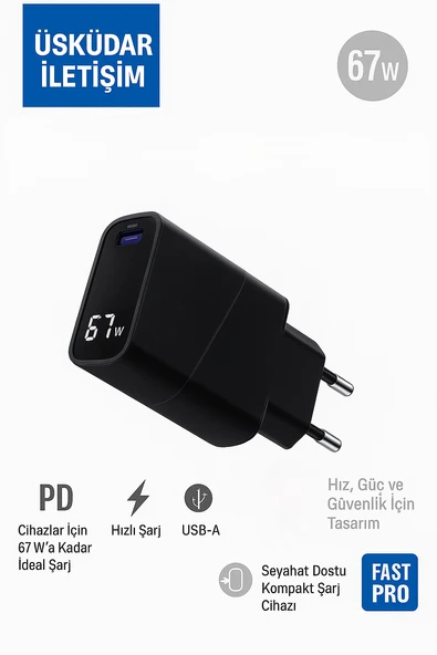 ÜSKÜDAR İLETİŞİM 67W  LED Ekranlı Hızlı Şarj Adaptörü PD USB A Seyahat Boyutu ürün görseli 1