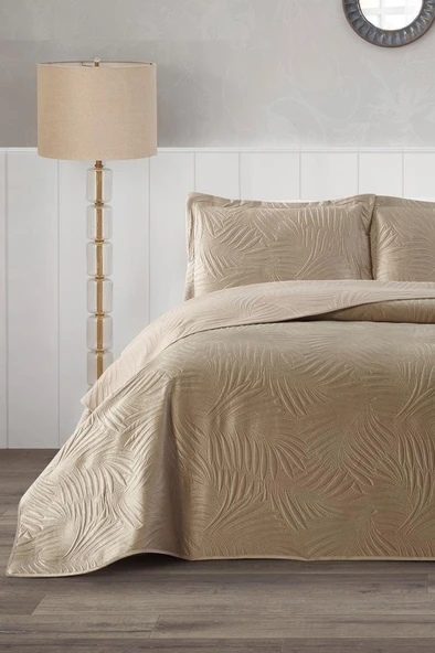 Münih Çift Kişilik Lüks Kadife 240x260 cm Yatak Örtüsü Bej ürün görseli 1