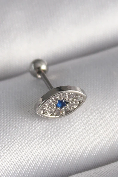 316L Çelik Gümüş Renk Zirkon Taşlı Göz Tragus Piercing ürün görseli 1