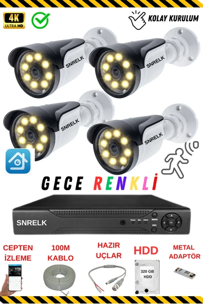 SNRELK  HAMA 5 mp Lens 4 Kamera 320gb 1080p Gece RENKLİ Su Geçirmez Güvenlik kamerası set ürün görseli 1