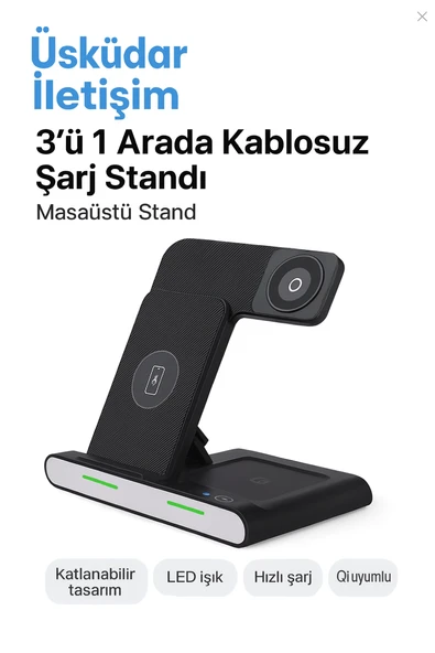 Kablosuz Hızlı Şarj Standı  3ü 1 Arada Katlanabilir Tasarım Telefon Saat Kulaklık İçin ürün görseli 1