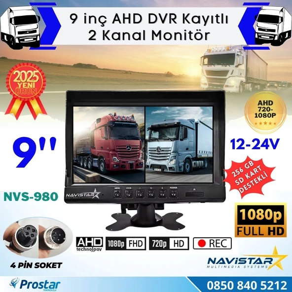 Kayıtlı 9 inç ikiye Bölen 2 Kanal Split AHD 1080P/720P destekli 4 Pin 256 GB SD Destekli Monitör ürün görseli 1