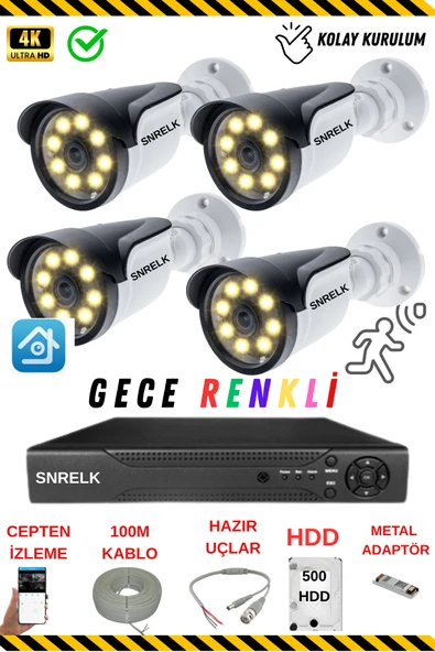 SNRELK - HAMA 4'lü 500GB 5Mp Lens Gece Renkli Su Geçirmez Güvenlik kamerası Set ürün görseli 1