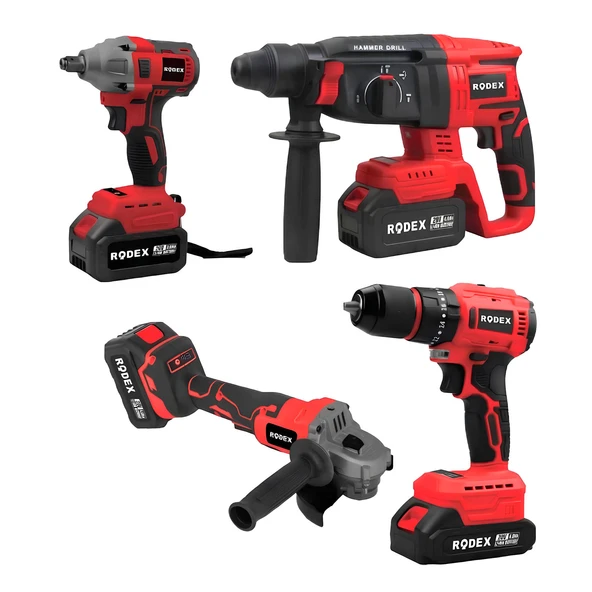 Rodex 20V Akülü 4’lü Şarjlı Matkap Seti Darbeli Matkap, Vidalama, Somun Sıkma ve Taşlama Makinesi ürün görseli 1