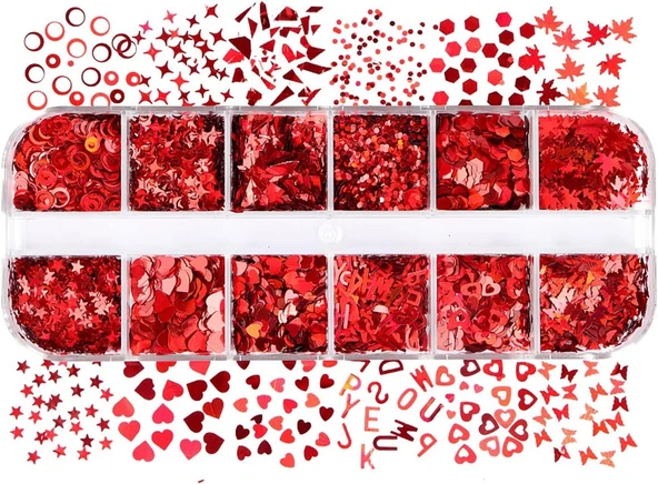 Parlak Kırmızı Tırnak Süsleme Folyo Pulları Karışık Dizayn Kelebek Kalp Harfler Yıldızlar Nail Art ürün görseli 1
