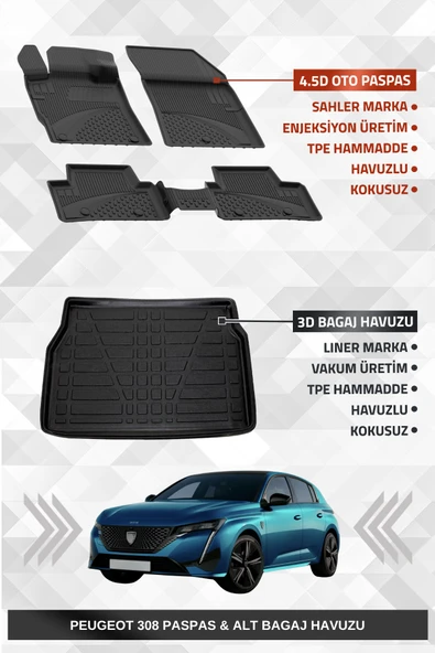 Sahler Peugeot 308 2022+ Uyumlu 4.5D Premium Havuzlu Oto Paspas ve Liner Marka 3D Bagaj Havuzu ürün görseli 1