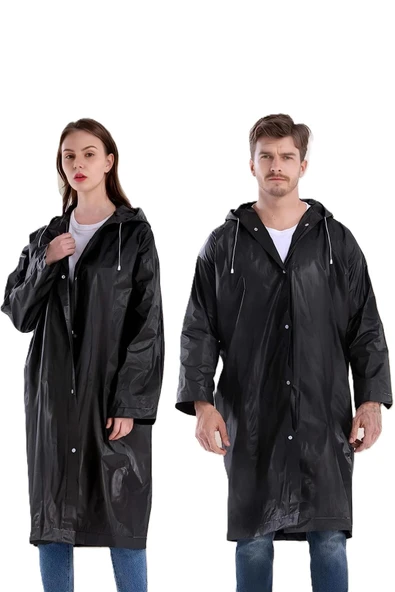 Unisex Standart Kapüşonlu Çıtçıt Düğmeli Siyah Rahat Kullanım Eva Yağmurluk Pardesü ürün görseli 1