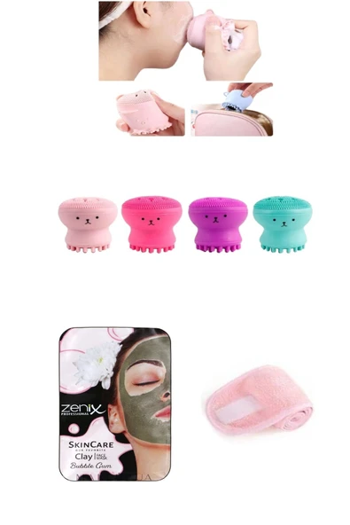 3'lü Silikon Mini Surat Figürlü Yüz Temizleme Fırçası ve Maske Çırtlı Saç Bandı ürün görseli 1