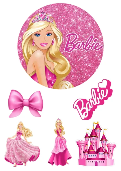Yenilebilir Yuvarlak Pasta ve Figür Resim Baskısı Şekerli Kağıt Barbie Temalı 02 ürün görseli 1