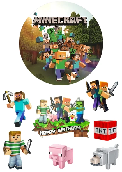 Yenilebilir Yuvarlak Pasta ve Figür Resim Baskısı Şekerli Kağıt Minecraft Temalı 36 ürün görseli 1