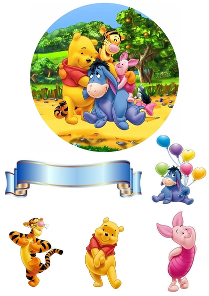 Yenilebilir Yuvarlak Pasta ve Figür Resim Baskısı Şekerli Kağıt Winnie The Pooh Temalı 39 ürün görseli 1