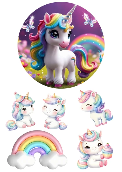 Yenilebilir Yuvarlak Pasta ve Figür Resim Baskısı Şekerli Kağıt Unicorn Temalı 29 ürün görseli 1