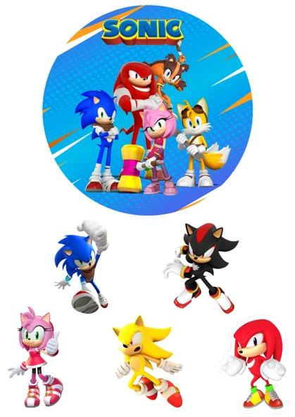 Yenilebilir Yuvarlak Pasta ve Figür Resim Baskısı Şekerli Kağıt Sonic Temalı 26 ürün görseli 1