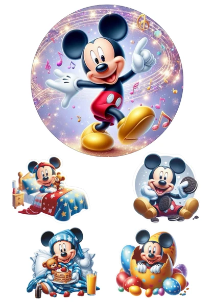 Yenilebilir Yuvarlak Pasta ve Figür Resim Baskısı Şekerli Kağıt Mickey Mouse Temalı 11 ürün görseli 1